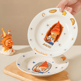 川岛屋 棕色牛角包星星人浮雕陶瓷盘 可爱餐盘 7"