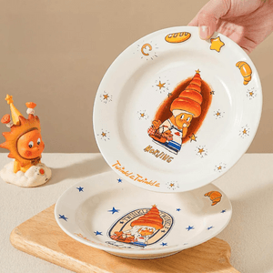 川岛屋 棕色牛角包星星人浮雕陶瓷盘 可爱餐盘 7"