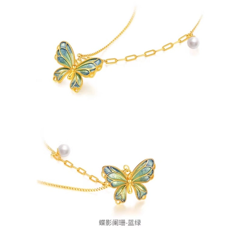 【中國直郵】 周大生 蝴蝶925純銀項鍊女高級感小眾漸變琺瑯首飾生日禮物送女友家人 粉綠蝴蝶 一條裝