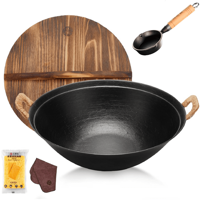  36CM Cast Iron Serving Pot with Wooden Lid Deep Dutch Oven with Dual Handles for All Stoves With Small Iron Pan 13CM