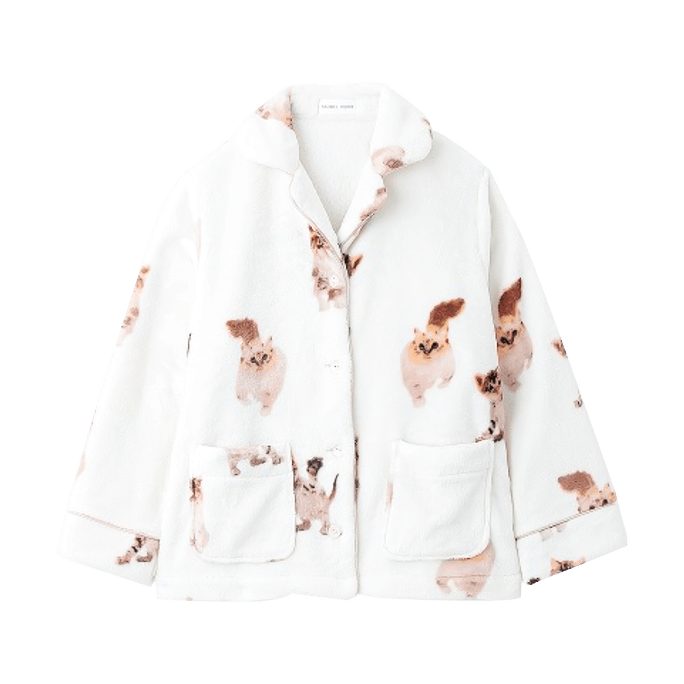 Cat Fleece Open Collar Top Loungewear Pajamas One Size