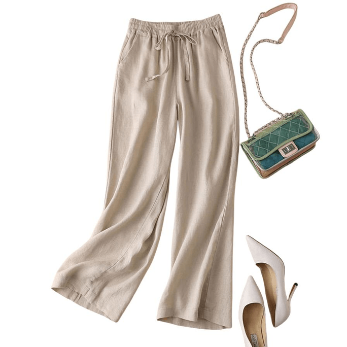 Cotton And Linen High Waist Casual Straight Pants Beige M