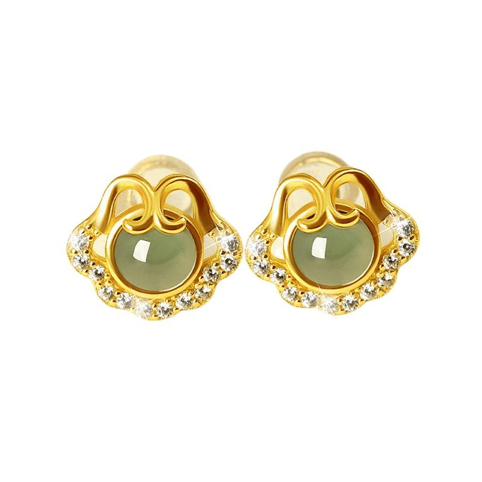 【中国直邮】 歌斐颂 宫里上新 小如意耳钉耳饰新中式耳环 冰种天然A货翡翠 金色 10*12mm