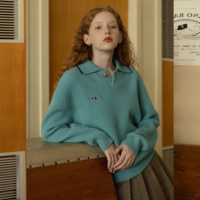 New Retro Polo Collar Embroidered Sweater Loose Head Knitted Sweater Mint Turquoise Green S