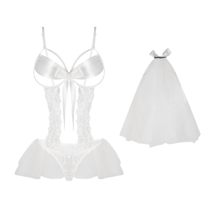 Fun Lingerie Sexy Camisole One-piece Dress Bowknot Bride Uniform White One  Size - Yami.com