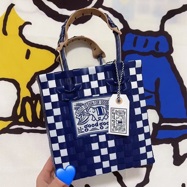 泰国 Goodgoods 小象手工编织手提菜篮子-海军蓝x白条纹【ins爆款】1个 3