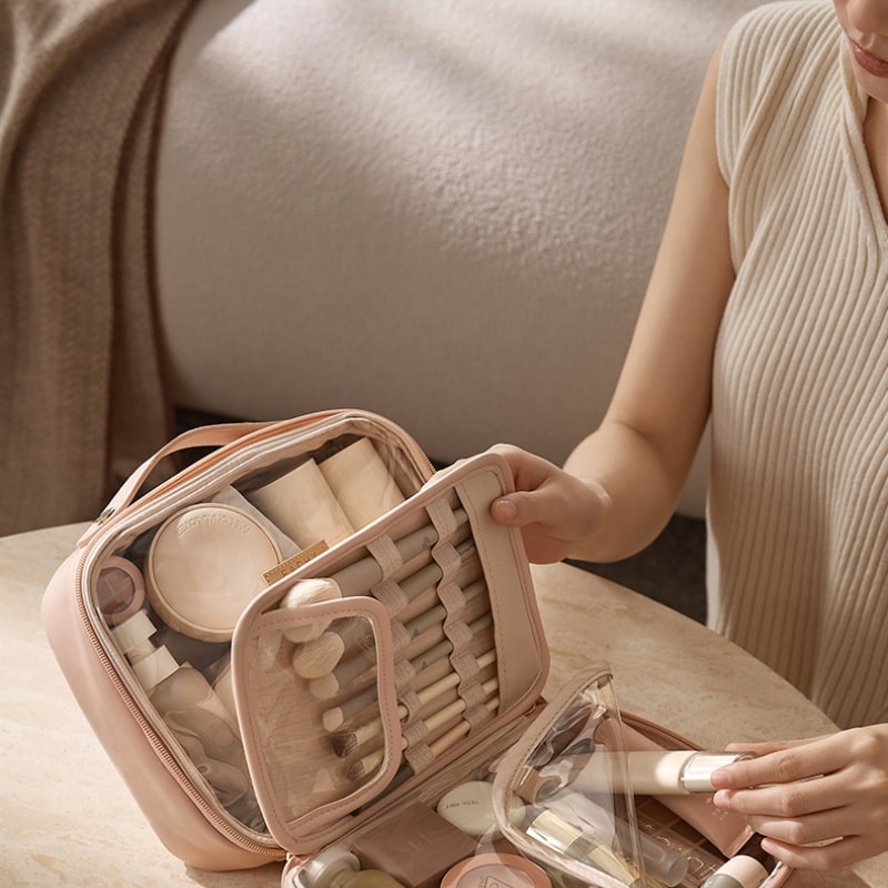 【中国直邮】 里序 化妆包2025新款便携旅行手提洗漱包大容量高级化妆品收纳包 XL 蛋壳色-一个装