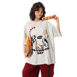 【中國直郵】 HSPM 新款卡通毛巾繡五分袖寬鬆情侶T卹 花灰色 S