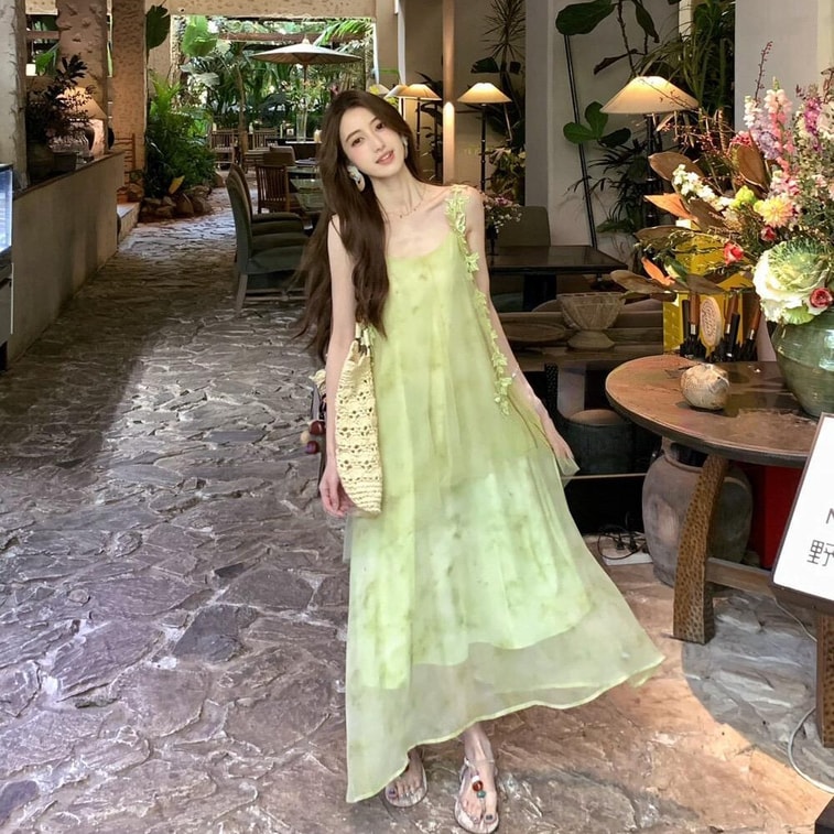 [캐나다 직배송] 시나리오 가든 시스루 맥시 드레스, 사이즈 S-M, 색상: 그린, 라이트 그린 (사이즈 S) 3