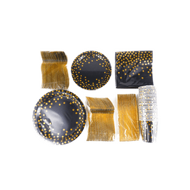 派对装饰野餐一次性餐具组合套装 纸盘纸杯子纸巾餐具 黑金色 175件入【派对必备】