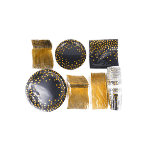 일회용 종이 식기 세트 검정과 금 파티 용품 175pcs 검은 종이 접시 냅킨 컵 금 플라스틱 포크