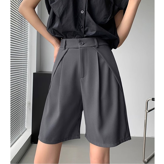 HSPM New High Waist Loose Casual Wide Leg Suit Shorts Grey M