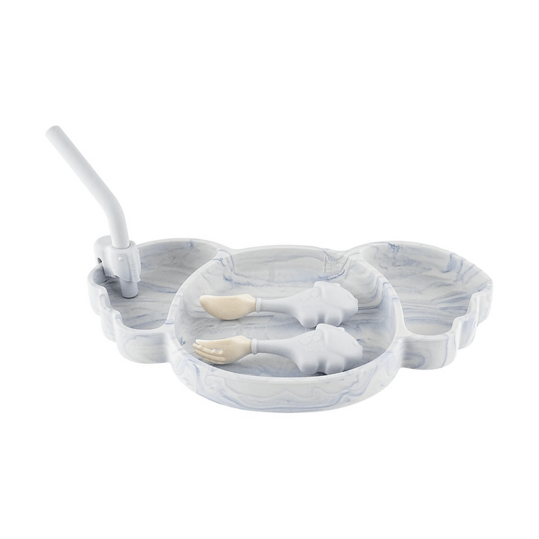 BC BABYCARE 베이비 3-in-1 실리콘 식기 세트(스푼, 포크, 빨대 포함, 블루) 3