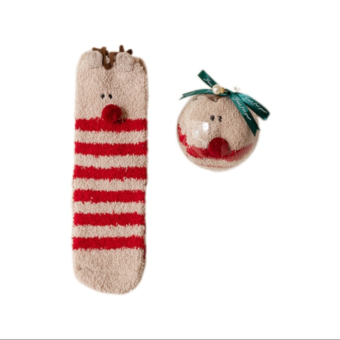 Christmas Ball Coral Fleece Socks Gift Box Thickened Cartoon Sleep Socks - Elk 1 Pair