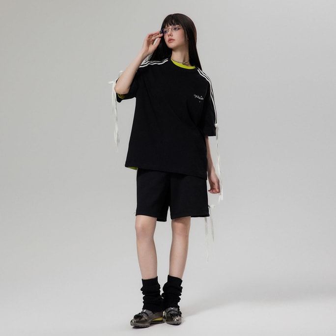 New Bow Tie Tied Short Sleeved T-Shirt With Striped Shorts Loose Casual Sports Two-Piece Set In Black (Set) L