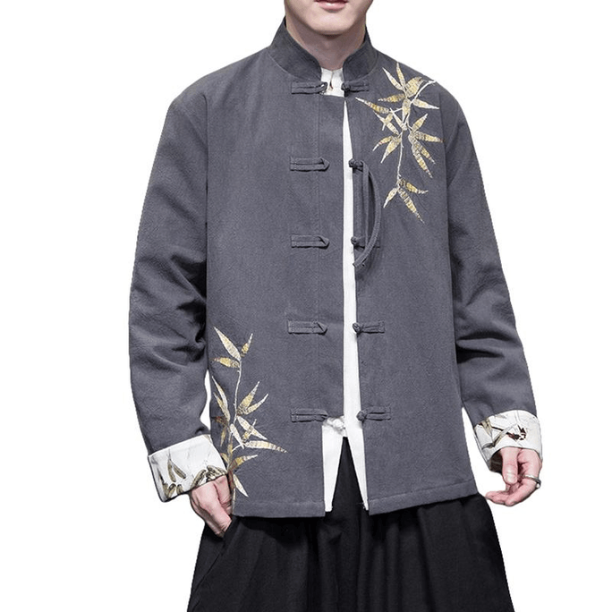Chinese Style Bamboo Embroidered Flax Retro Button Tang Costume Jacket Grey Medium