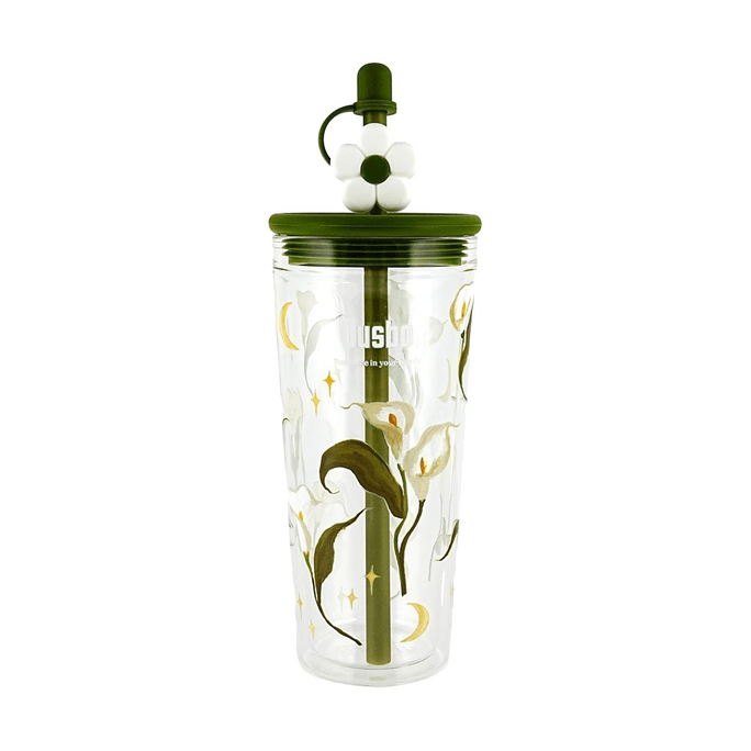 OUSBO Straw Cup, Double-Walled Glass Water Cup, Calla Lily Design, 720ml
