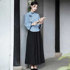 Chinese Style Vintage Slant Knot Button Cheongsam Ceremonial Tea Attire Set Blue M