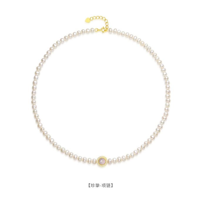 Nearly round freshwater pearl necklace with medium-high-gloss pink chalcedony pearls 4-5mm 1 piece