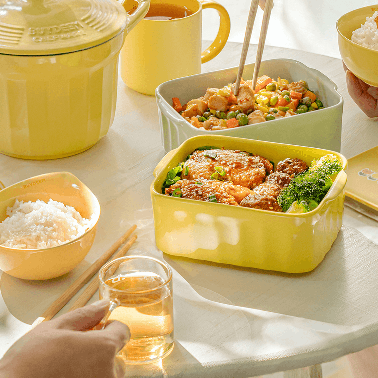 Lunch Box Multifunctional Ceramic Food Box with Lid Yellow 4