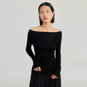 [중국 직배송] HSPM 심리스 오프숄더 울 스웨터, 슬림핏 베이스 레이어 긴팔 니트 탑, 블랙, 사이즈 S