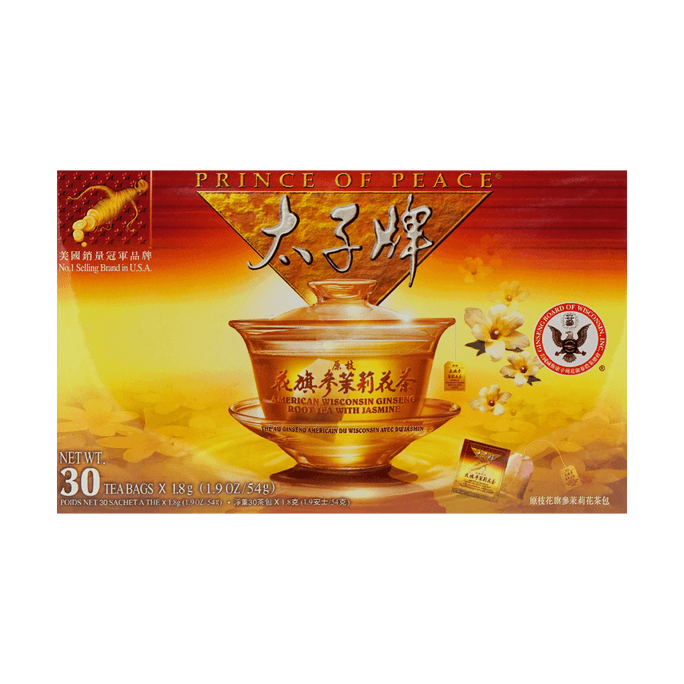 American Ginseng Root Tea with Jasmine 30 Tea Bags - Natural Caffeine-Free Nourishing Boosts Energy Premium Herbal Tea
