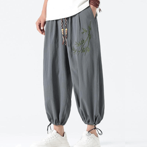 Chinese Style Bamboo Embroidered Loose Wide-leg Harem Pants for Men Grey M