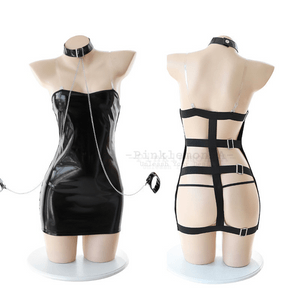 Black Prisoner Patent Leather Strappy Backless Skirt Chainmail
