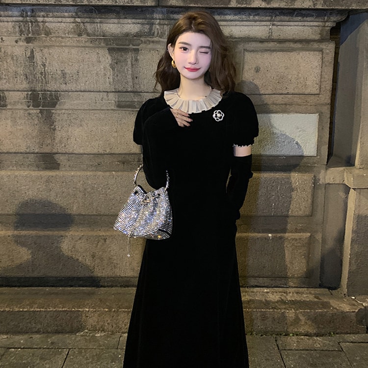 Hepburn Style Little Black Dress French Retro Slim Fit Velvet Dress Elegant  Gown Night Paris Black M - Yami.com