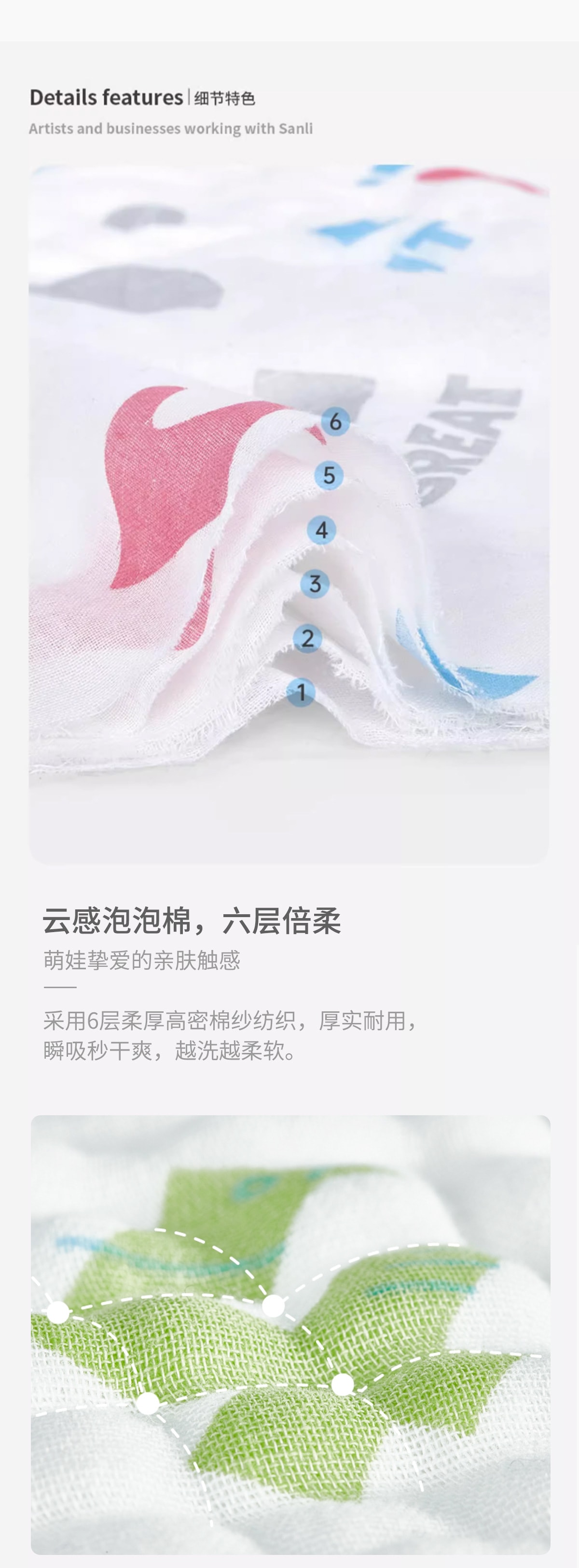三利 A类纯棉洗脸巾 六层 3条 新生婴儿 口水巾  幼儿园擦脸巾
