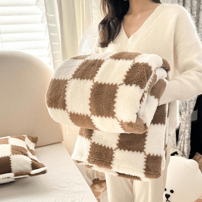 [중국 직배송] 자장가 체크무늬 롱파일 담요, 가을/겨울 침구, 이불, 홈웨어, 브라운, 120*200cm