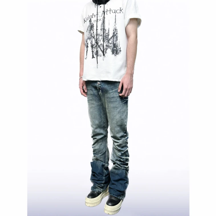 Black Grey Cracked Blade Micro-Flare Jeans Size S (Unisex) – High-stretch Slim Fit, Vintage Wash. Multi-button Fly, Flares Lengthen Legs. Streetwear For Couples. Perfect For Students. 3