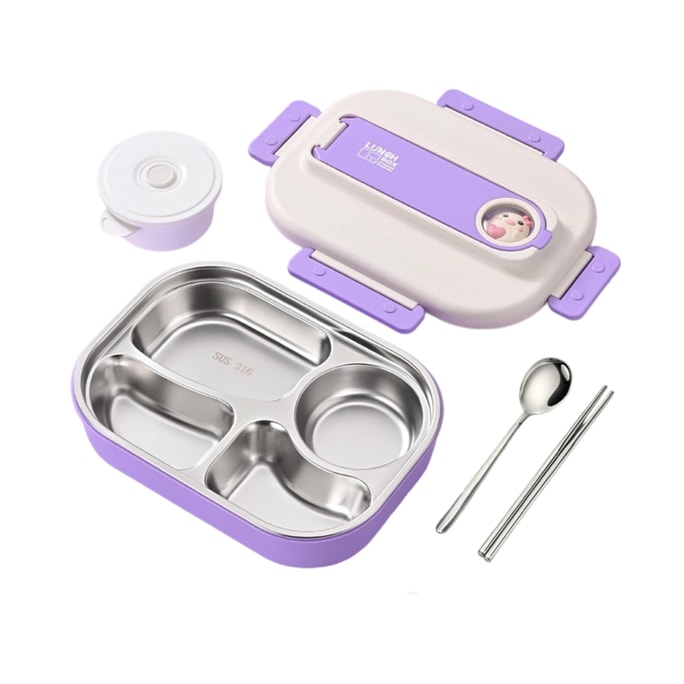 Office worker and student insulated lunch box 316 stainless steel lunch box microwave oven-safe compartments lunch box+spoons and chopsticks+soup bowl+insulated bag White/Purple 4-piece set