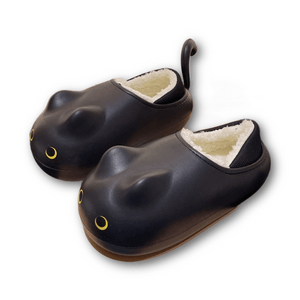 Cute Cotton Shoes Cartoon Cat Design Waterproof Slippers Thick Sole Size 37-38 Black 1Pair