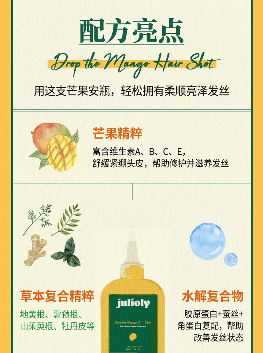韩国 Julioly 芒果安瓶发膜|3秒液体变奶油|深层滋养修护|顺滑柔亮不打结|无硅油|适合受损干枯发质 300ml