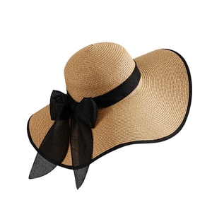 Straw Sun Hat Summer Beach Large Brim Sun Shading Breathable Bowknot Sun Hat Khaki