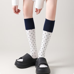 [중국 직배송] HSPM 도트 무늬 컬러 블록 면 여성용 종아리 양말, 사랑스럽고 활용도 높은 디자인, 화이트, 1켤레