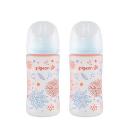 日本PIGEON貝親 嬰兒奶瓶 矽橡膠護層第3代 寬口徑奶嘴 彩繪玻璃240ml M奶嘴 3-6個月 2個裝 花朵
