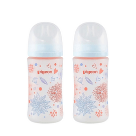 日本PIGEON貝親 嬰兒奶瓶 矽橡膠護層第3代 寬口徑奶嘴 彩繪玻璃240ml M奶嘴 3-6個月 2個裝 花朵