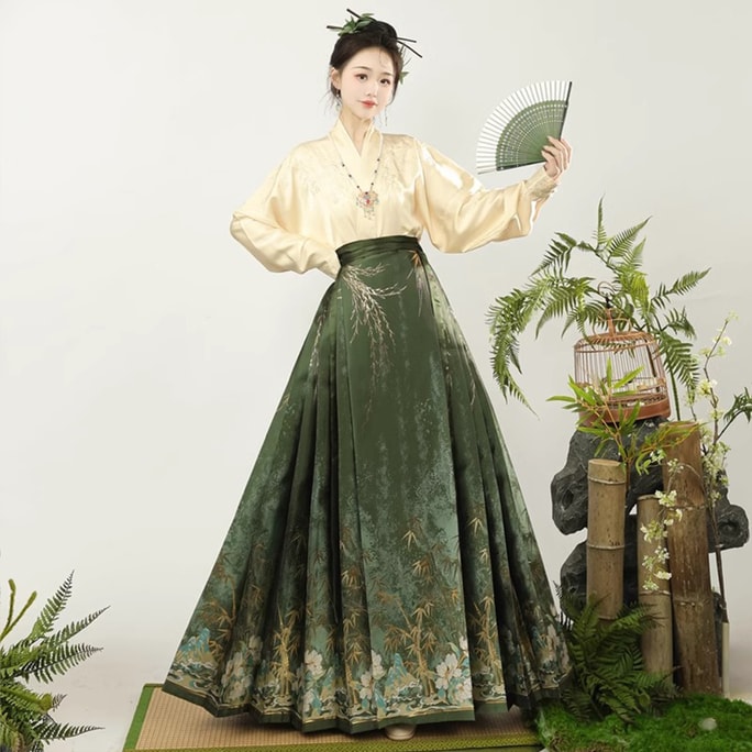 New Chinese Style Horse Face Skirt Hanfu Airplane Sleeve Two-Piece Set Bamboo Shadow Horse Face Skirt+Top M