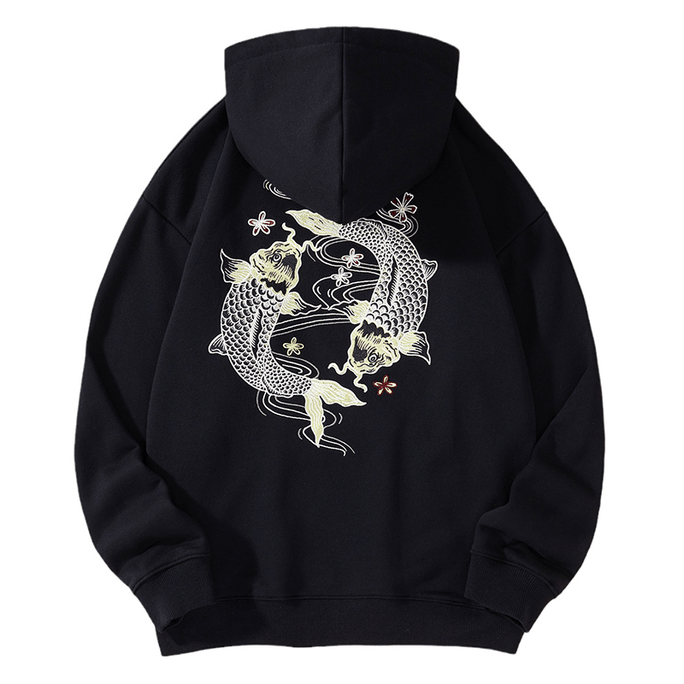 Chinese Style Koi Embroidered Loose Hoodie Black Medium