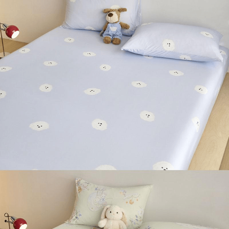 Lullabuy 萌趣夏日卡通凉感床笠(床笠*1+枕套*2) 夏季床品冰凉舒肤 格子熊仔 蓝-Queen Size