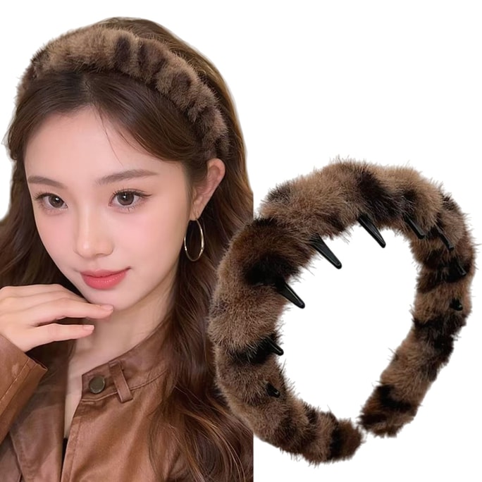 One Korean-style trendy leopard print hairband and hair clip in coffee color