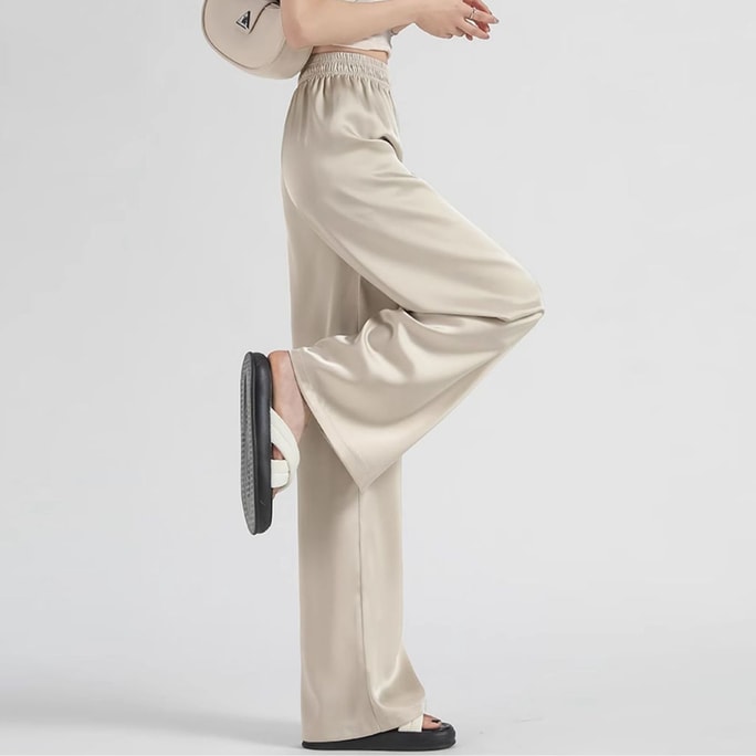 Women's Thin Imitation Acetate High Waist Drape Wide Leg Pants Narrow Casual Straight Trousers Satin Style Champagne Color 2XL 1 Piece