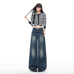 [중국 직배송] HSPM 레트로 하이웨이스트 스트레이트 레그 워싱 루즈핏 와이드 레그 진, 레트로 블루, 엑스트라 롱, XS 사이즈 (1개)