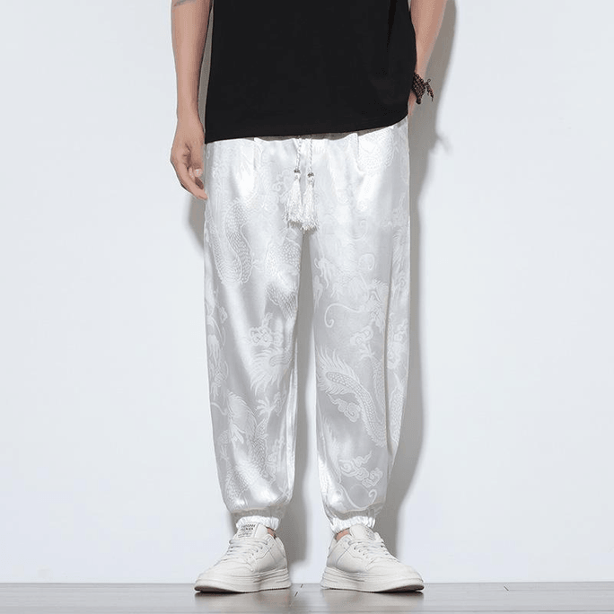 Chinese Style Satin Dargon Print Loose Cuffed Pants for Men White M