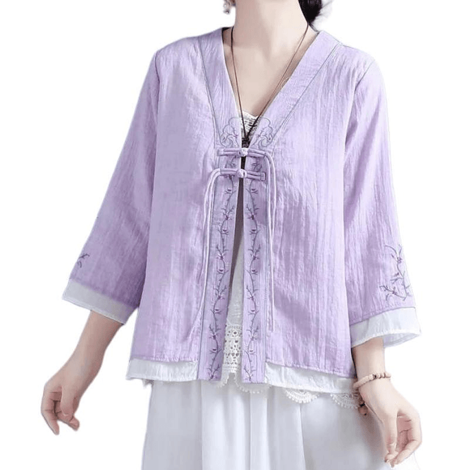 【中國直郵】 ASIS 新中式棉麻刺繡盤扣七分袖襯衫上衣-紫色 3XL
