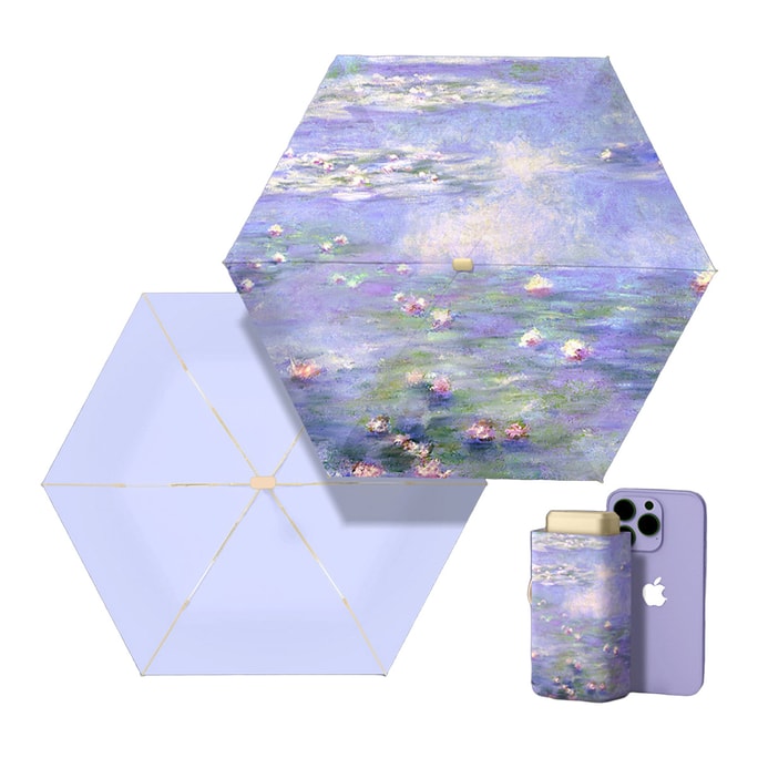 【中國直郵】 HSPM 新款國風油畫系列晴雨兩用迷你防曬小巧折疊太陽傘 紫色睡蓮 1把裝