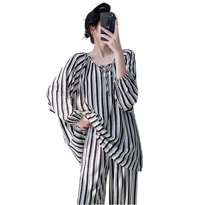 New Wearable Air Conditioning Suit Cotton Silk Set Plus Size Home Suit Stripe L