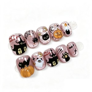 Short Coffin Spooky Nails (Size XS) – For Extra-small Narrow Nails. Pink Shimmer, Cat & Ghost. Halloween Style. Pairs With Dark Look. No UV, Kit Included. Perfect For Petites. ABS.